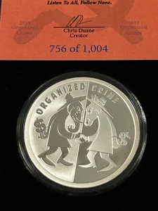 SILVER SHIELD 2019 Organized Crime Mini Mintage 1oz .999 Silver Proof Round COA - Bild 1 von 2