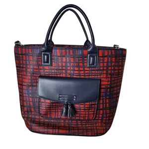 Vera Bradley Tassel Tote Navy Blue Red Art Plaid Large Travel Bag Crossbody NWT - Picture 1 of 8