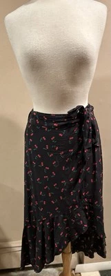 VTG Intermix Size L  Silk Black Wrap Skirt Red Cherries Hi Lo Front # 8668 - Image 1 of 4