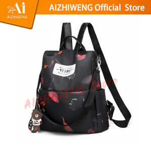 Womens Ladies Black Waterproof Anti-theft Nylon Floral Backpack