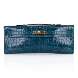 Hermes Kelly Cut Clutch Tasche Blau Colvert Exotic Gold Hardware - Bild 1 von 8