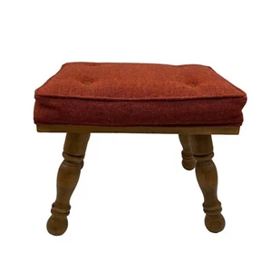 Vintage Footstool Ottoman Wood Burnt Orange Cushion Padded Bench 1970s Retro - Picture 1 of 10