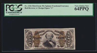 US 50c Spinner Fractional Currency w/ '1' & Red Back FR 1326 PCGS 64 PPQ V Ch CU - Image 1 of 2