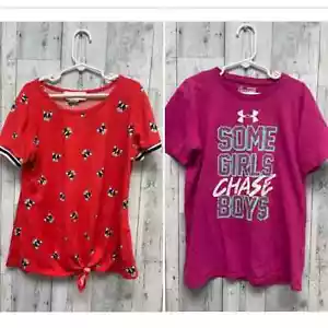 2 Glitter Girl Medium 10-12 Under Armour HeatGear Short Sleeve Cotton Blend Tops - Picture 1 of 9