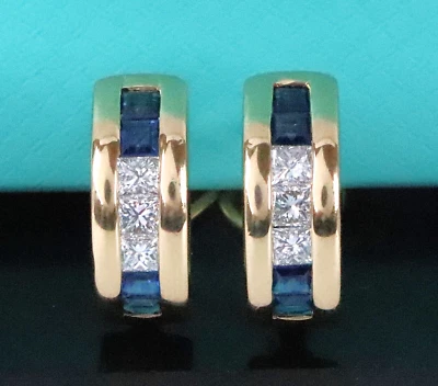 Tiffany & Co 18K Yellow Gold Blue Sapphire Princess Cut Diamond Hoop Earrings - Image 1 of 4