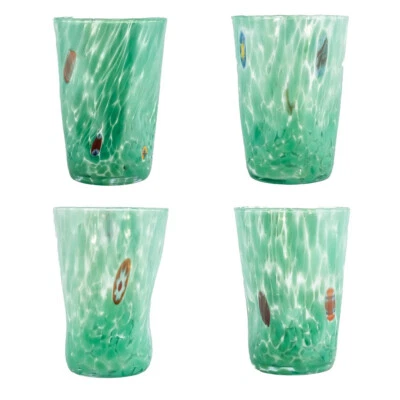ZECCHIN Set of Four 4 Murano Glass Drinking Art Tumblers Green Hand Made Millefiori