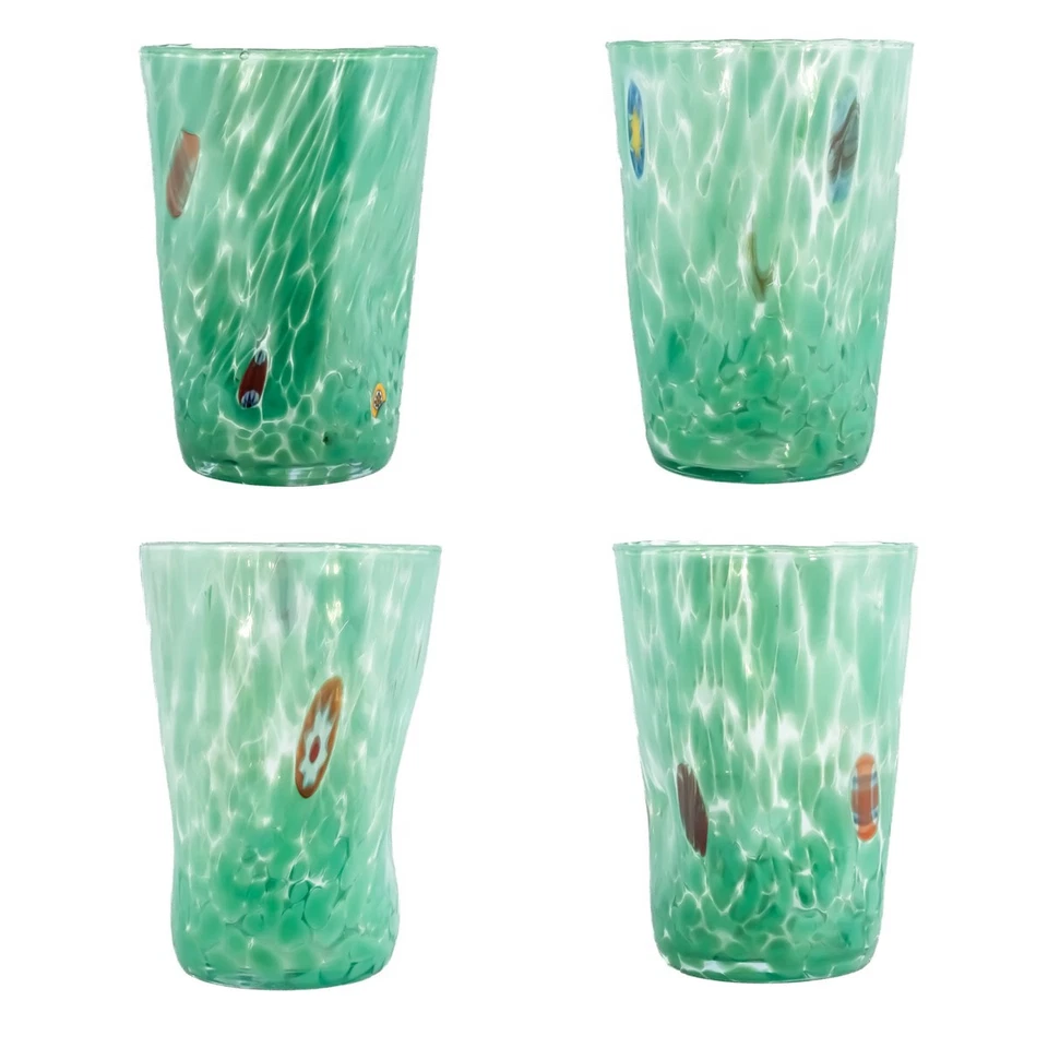 ZECCHIN Set of Four 4 Murano Glass Drinking Art Tumblers Green Hand Made Millefiori