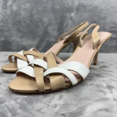 Sandalia Kate Spade Sasha Cuero Tostado Blanco Entrecruzada Tacón Talla 8.5 Hecha en Italia Foto 1 de 4