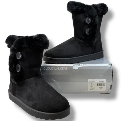 Cloudwalkers Winter Boots Sz 10 Wide Regan Hug Black Faux Fur Lined Side Button - Image 1 of 4