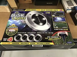 New Bell + Howell Solar Disk Lights Powered 4 LED Brushed Steel As Seen on TV 