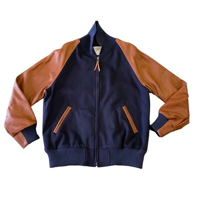 Maus & Hoffman Loro Piana Letterman Leather Blue Brown Wool Jacket Large - Image 1 of 4