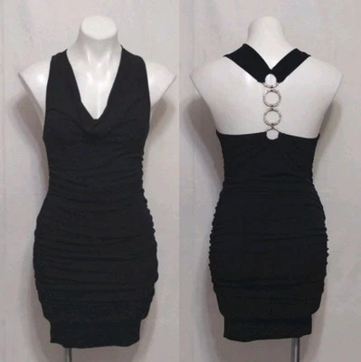 Ruby Rox LBD Rhinestones Halter Cowl Neck Ruched Bodycon Cocktail Party Dress S - Image 1 of 4