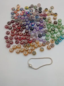 160 Pieces Of Glass & Plastic European Slide Charms Lot With Bracelet - Picture 1 of 14