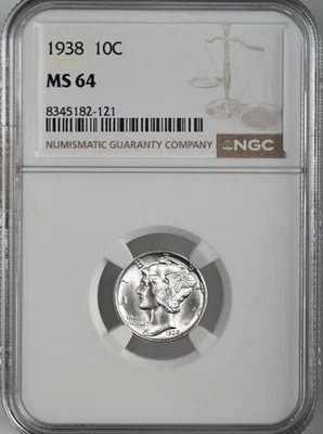 1938-P  10C  MERCURY SILVER DIME  "PHILADELPHIA MINT"  NGC MS64 #8345182-121 - Image 1 of 4