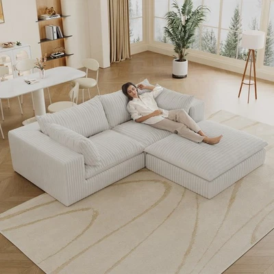 39.8" Cloud Sofa w/Removable Cushion,Corduroy Fabric,White - Image 1 of 4
