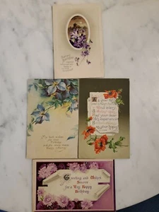 4 antike Geburtstag Postkarten mit Veilchen Mohnblumen Clematis Pinks - Bild 1 von 10