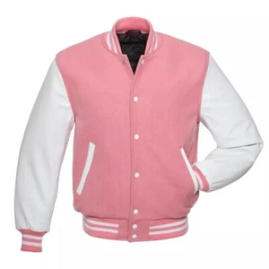 Varsity Jacket Baseball Letterman Jacket Pink Body White Leather Sleeves - Picture 1 of 3