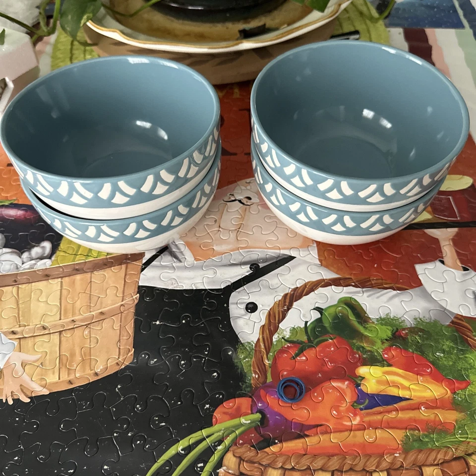 Rachael Ray PENDULUM Soup / Cereal bowl set of (4) White & Blue, Handpainted - Image 1 of 4