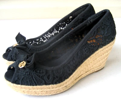 Tory Burch Jackie Wedges Black Sandals shoes Espadrilles Women's Size 9.5 B Bow - Image 1 of 4