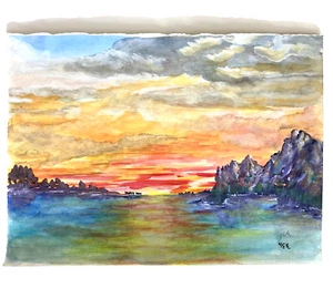 Original Watercolor Sunset Seascape Mountains 11x15” Yvonne E. Baumeister Art - Picture 1 of 5
