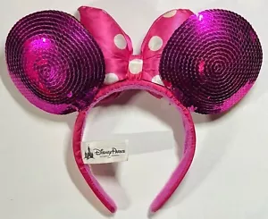 DISNEY PARKS AUTHENTIC Minnie Mouse Ears Headband Sequined Bow Magenta Hot Pink - Picture 1 of 2