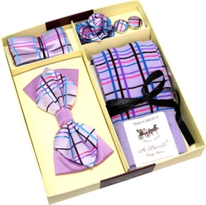 Fliege & Socken Box Set - Lavendel kariert Taschentuch Manschettenknöpfe und Boutonniere - Bild 1 von 1