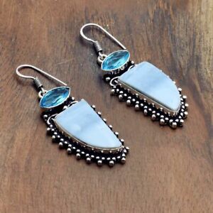 Owyhee Opal Blue Topaz Handmade Drop Dangle Earrings Jewelry 2" AE 69824
