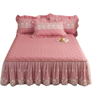 Korean Lace Cotton Bed Skirt Quilted Bedspread Queen King Size Bed Cover 3 PCS - Picture 1 of 88