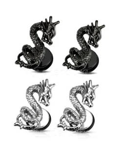 PAIR 16g-1.2mm Shaft Fake Plug Surgical Steel and Black Dragon Ear Cheater Plugs - Picture 1 of 3