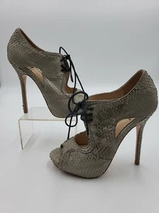 Pour La Victoire Rima Gray Leather Snake Embossed Lace Up Heels SZ 6 - Picture 1 of 9