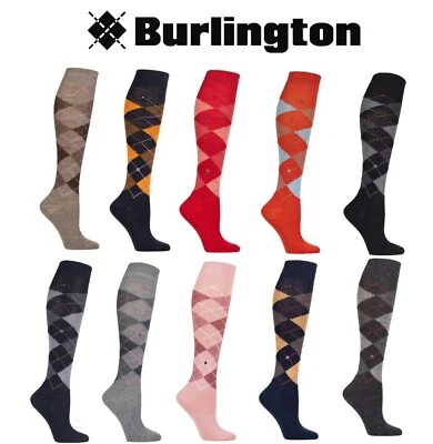 Knee High Socks Womens Whitby Extra Soft Argyle Many Colours- 1 Pair- Burlington - Image 1 of 3