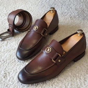 Men Loafers Shoes Brown Black Pu Metal Decoration Party Dress Shoes New US - Picture 1 of 18