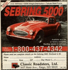 1985 Vintage Print Ad Classic Roadsters Red Sebring 5000 Kit Or Factory Complete - Picture 1 of 2