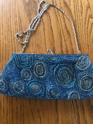Menbur Blue Satin Beaded Evening Clutch with Chain Handle - Image 1 of 4