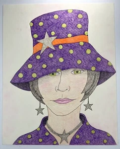 Women In Hat Fashion Drawing Folk Art Purple Polka Dot & Stars 14x11” Folksy - Picture 1 of 13