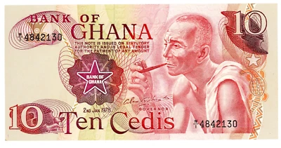 Ghana ... P-16f ... 10 Cedis ... 1978 ...  Choice *UNC*.😉 ... Prefix W/1 - Image 1 of 2