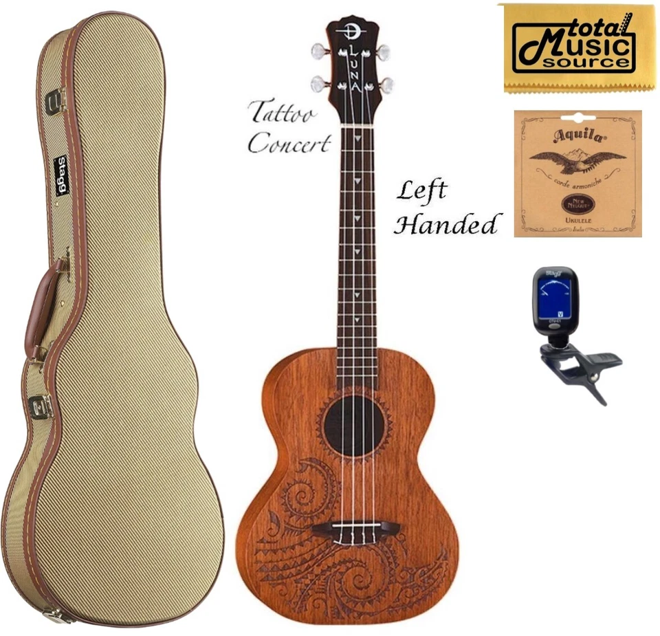 Luna UKE TC MAH L, Mahogany Tattoo Concert Ukulele LEFTY, Tweed Case Bundle - Image 1 of 1