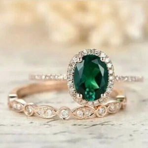 14k Rose Gold Finish 2Ct Green Oval Cut Bridal Engagement Ring Set Lab Created - Picture 1 of 9