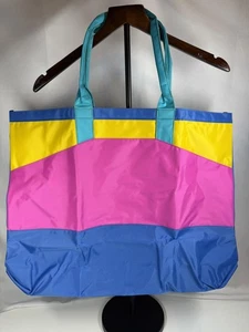 Vintage Colorblock Tote Bag | Multicolor Nylon Polyester Zip Closure | Strandtasche - Bild 1 von 7