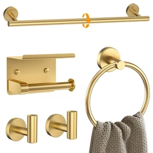 Brushed Gold Bathroom Hardware Set 5 Pieces Towel Bar Set Round Towel Holder ... - Picture 1 of 7