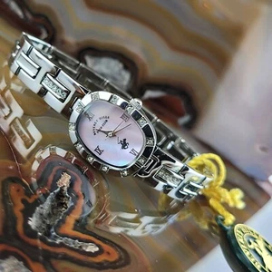 New Women's POLO Silver TN Swarovski Crystal Accent Watch Pink MOP Dial - Picture 1 of 5