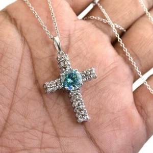 3 KT Blu Creato IN Laboratorio Diamante Croce Ciondolo VVS1 Certificato Natale - Foto 1 di 5