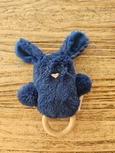 Plush DARK BLUE Bunny Rabbit RATTLE O.B Designs OB Lovey Baby Wooden Ring - Picture 1 of 3