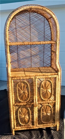 Vintage Mid Century Bohemian Wicker Rattan Sunburst 2 Door Etagere Wall Unit Cover