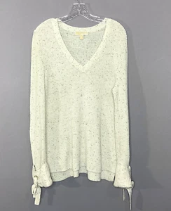 Michael Kors Sweater Womens Medium Ivory Black Specs Tie Cuffs VNeck Long Sleeve - Picture 1 of 10