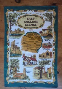 Vintage East Anglian Scenes Clive Mayor Cotton Souvenir Dish Tea Towel Britain - Picture 1 of 4