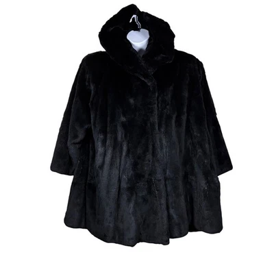 Carole Little Fur Coat XL Vintage Hood Shoulder Pads 1980s Mob Wife Luxury Glam - Image 1 of 4