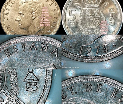 ERROR 1975 SPAIN 5 PESETAS COIN - UNIQUE DOUBLE LAYERS OF METAL, COIN - FRA - Image 1 of 4