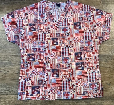 Barco Scrub Top Size Medium Americano Country Style Flags Hearts - Image 1 of 4