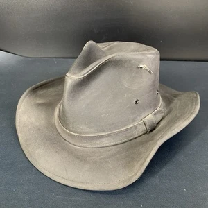 Minnetonka Brimmed Black Leather distressed Cowboy hat Men’s Medium. - Picture 1 of 8